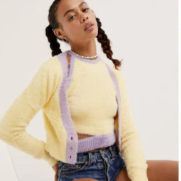 NWT For Love and Lemons Shelia and Maureen Cropped Sweater Yellow Purple Set S - Picture 1 of 14